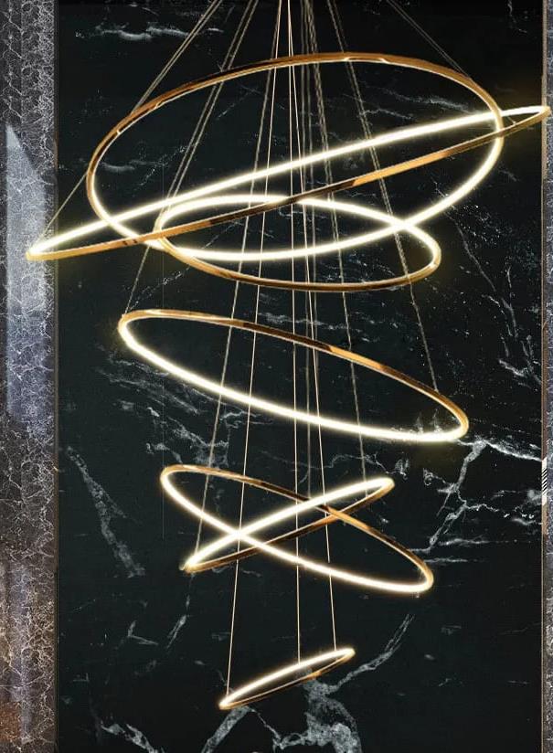 Lamp. Colg. Led 7L Anillos Dorados (400+600+800+800+1000+1200+1500) 3K