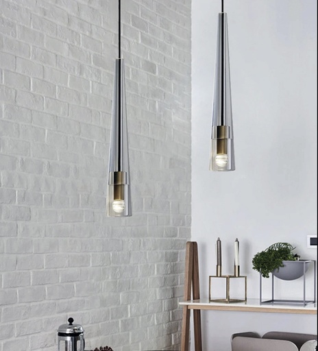 [180188 | 9187-1] Lamp. Colg. 1L E27 Copa Alarg. Metal+Vidrio Dorado+Claro D75mm