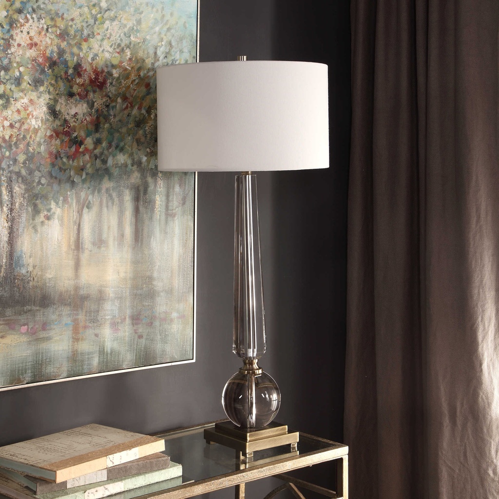 LAMPARA DE MESA DE VIDRIO CON PANTALLA BEIGE