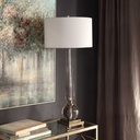 LAMPARA DE MESA DE VIDRIO CON PANTALLA BEIGE