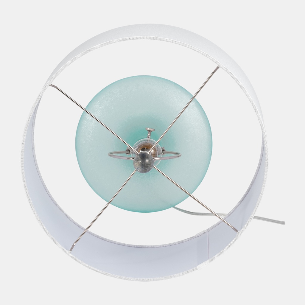 LAMP. MESA DE VIDRIO AQUA Y PANTALLA BLANCA