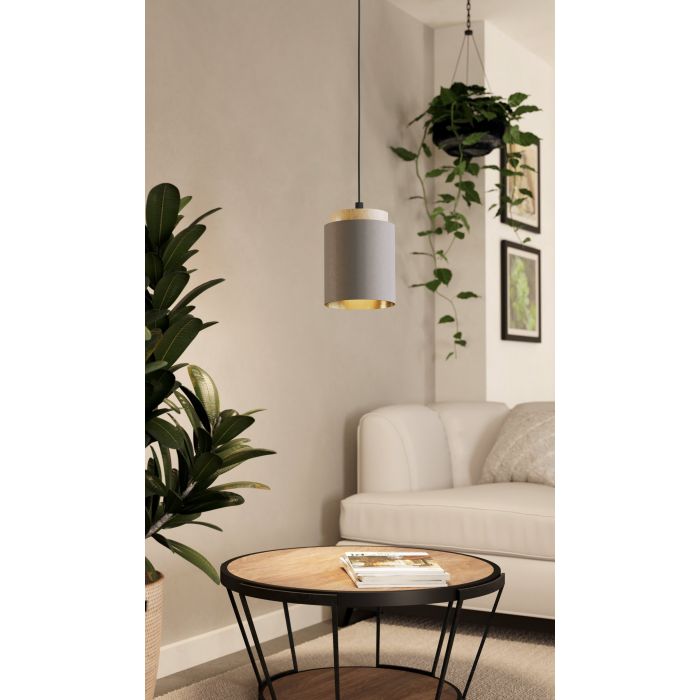 LAMP. COLG. 1L E27 ALBARIZA PANTALLA GRIS+MADERA (1100X160MM)
