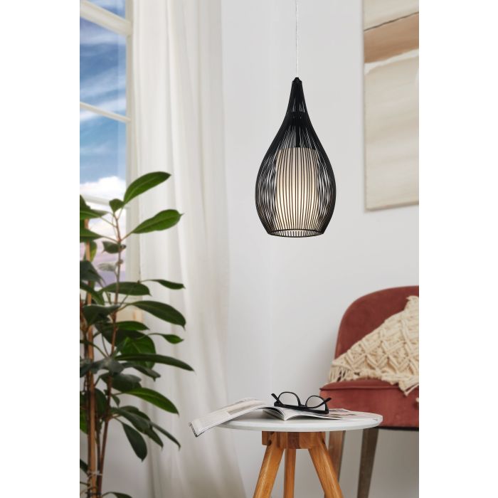 LAMP. COLG. 1L E27 T/JAULA RAZONI ACERO NEGRO+VIDRIO OPAL (1300X190MM)