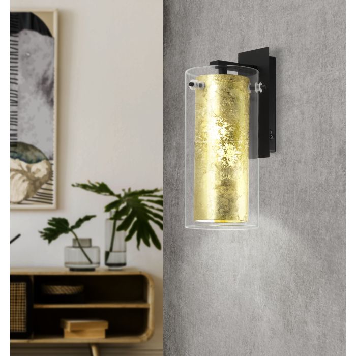 LAMP. PARED 1L E27 PINTO GOLD PANTALLA DORADA + VIDRIO CLARO (270X110MM)