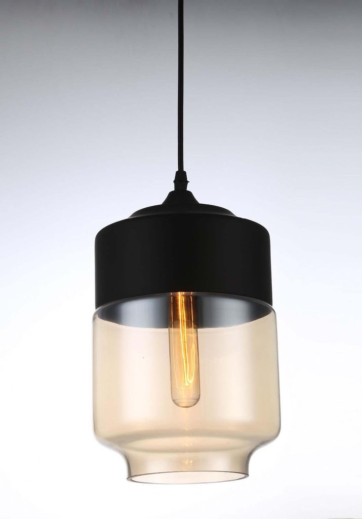 Lamp. Colg. 1L E27 Metal+Vidrio Negro+Cognac D180mm