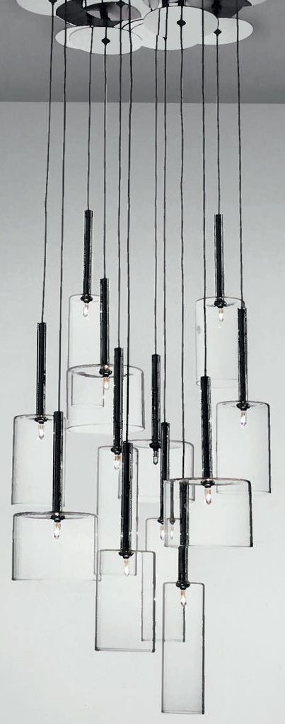 Lamp. Colg. 12L G4 Base Red. Alum.+Vidrios (Fume/Claro/Ambar) D550mm