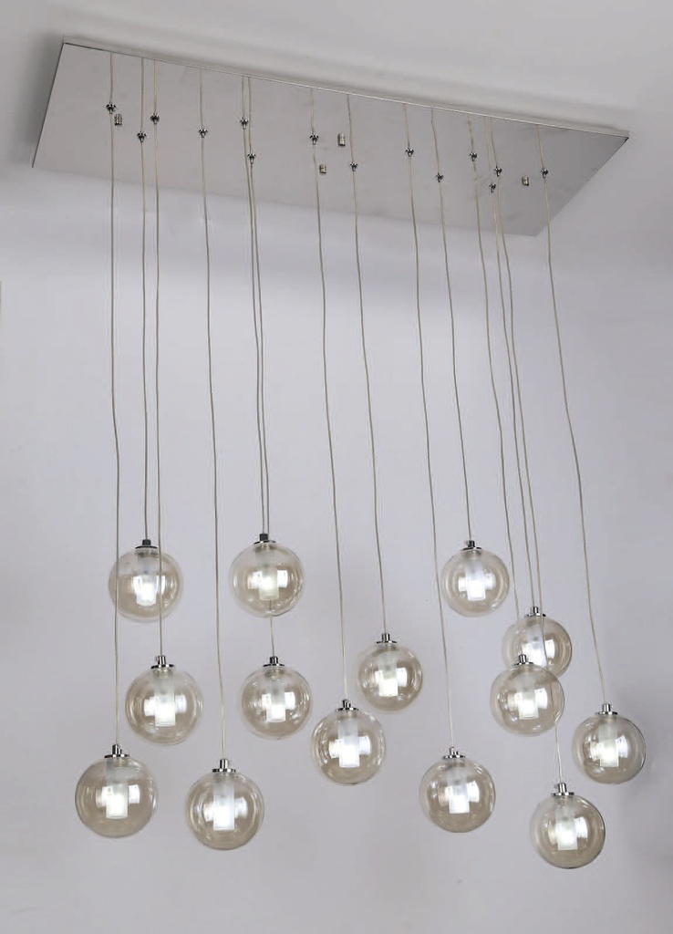 Lamp. Colg. Bola Vidrio Ambar Base Rect. 85X30Cm 14G4