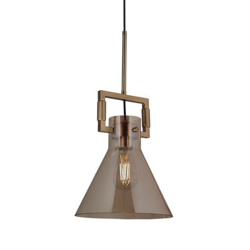 Lamp. Colg. 1L E27 Cono Metal+Vidrio Dorado+Ambar D250mm