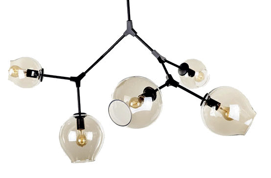 Lamp. Colg. 5L E27 Negro+Vidrio Ambar (Mm)