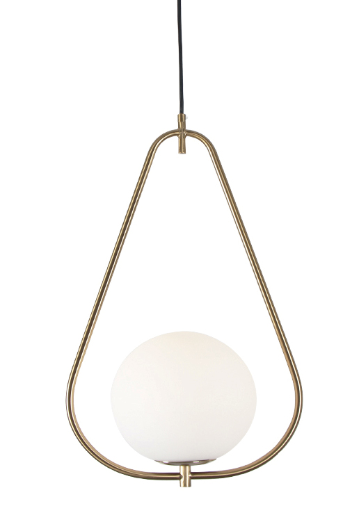 Lamp. Colg. 1L E27 Triangulo Metal+Vidrio Dorado+Opal (330x570)mm