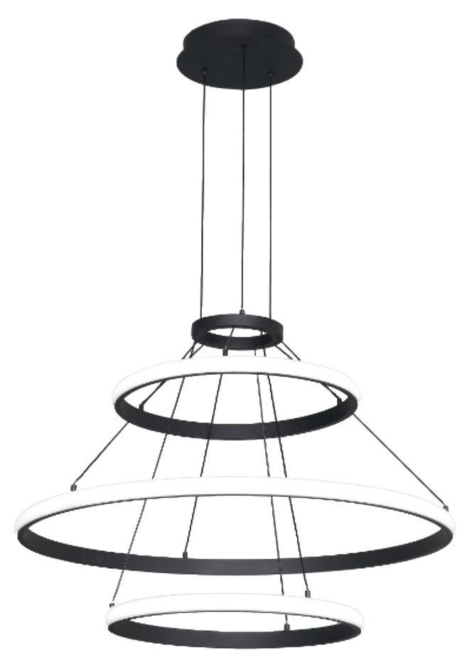 Lamp. Colg. Moderna Led 3L Anillos Negro 96W 3K (450+800+450Mm)