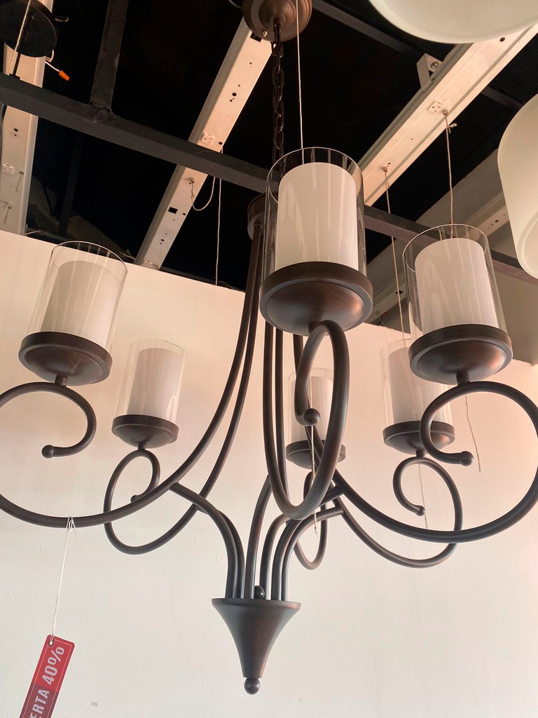 Lamp. Colg. 6E27 Copa Vidrio Arriba Blanco+Cl