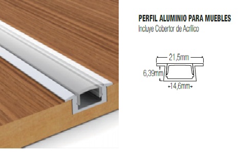 Perfil Alum. C/Ceja Plata+Cobertor (21.5x6.39x14.6)mm incl. accesorios x3mts