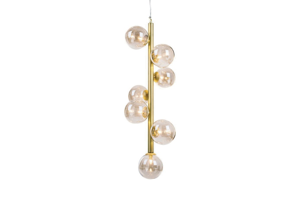 Lamp. Colg. 7L G9 Bolas Brush+Ambar Vidrio 32X86Cm