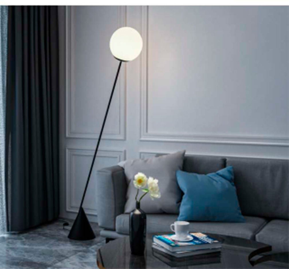 Lamp. Piso 1L E27 T/Farol D34Cmxh175Cm Negro Metal+Blanco Glass
