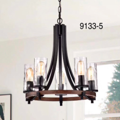 Lamp. Colg. Candelabro 8L E27 D720X520Mm Cuadradas De Cristal Metalico Maderado Ajustable