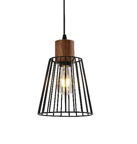 Lamp. Colg. 1L E27 T/Jaula Metal Madera+Metal Negro (D200xH270)mm