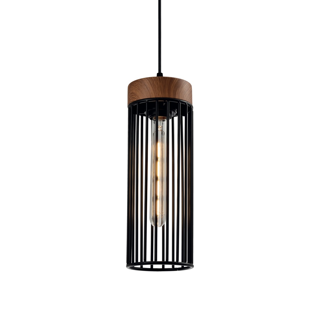 Lamp. Colg. 1L E27 T/Jaula Metal Madera+Metal Negro (D120xH340)mm