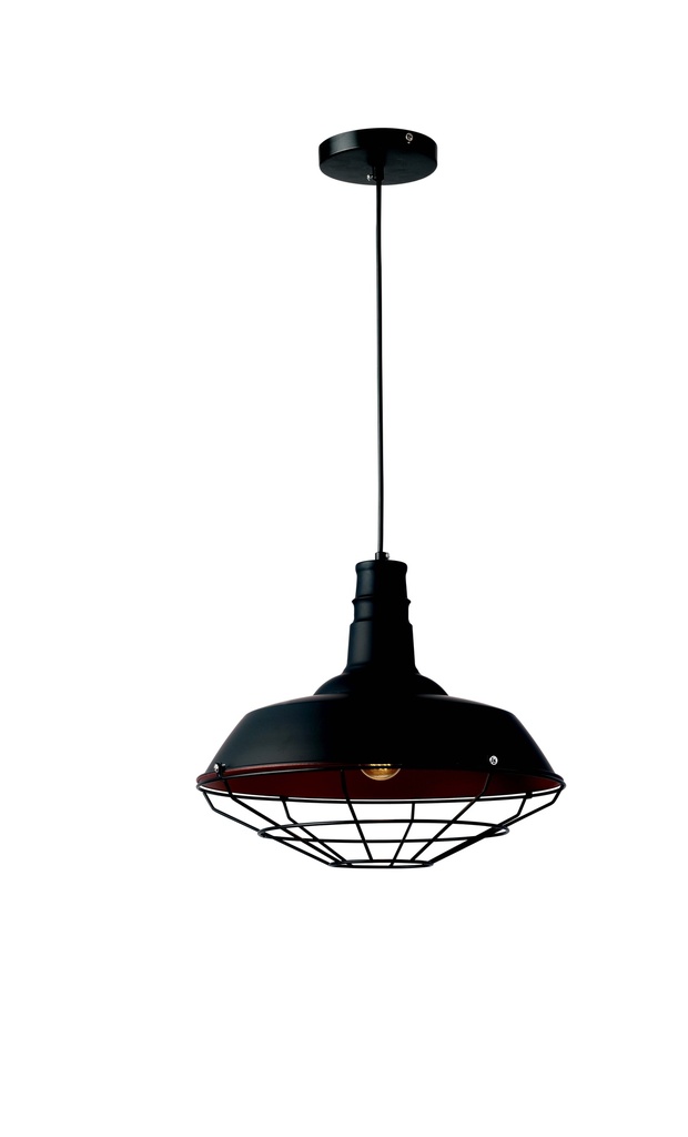 Lamp. Colg. 1L E27 Metal Negro+Reja (360X300Mm)