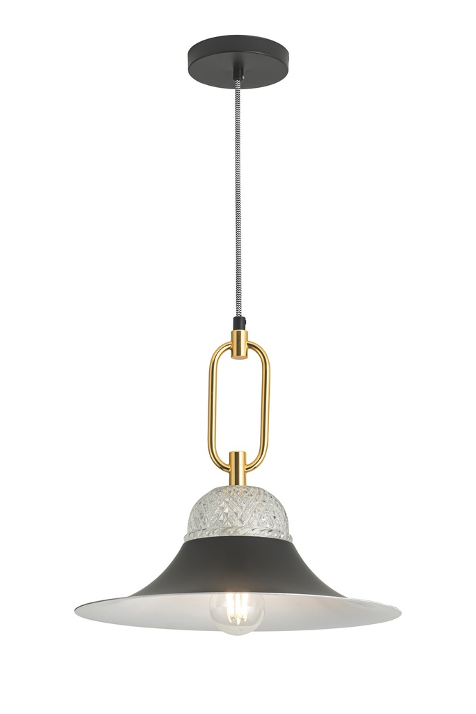 Lamp. Colg. 1L E27 Metal Negro+Vidrio+Aro Dorado (D350X220Mm)
