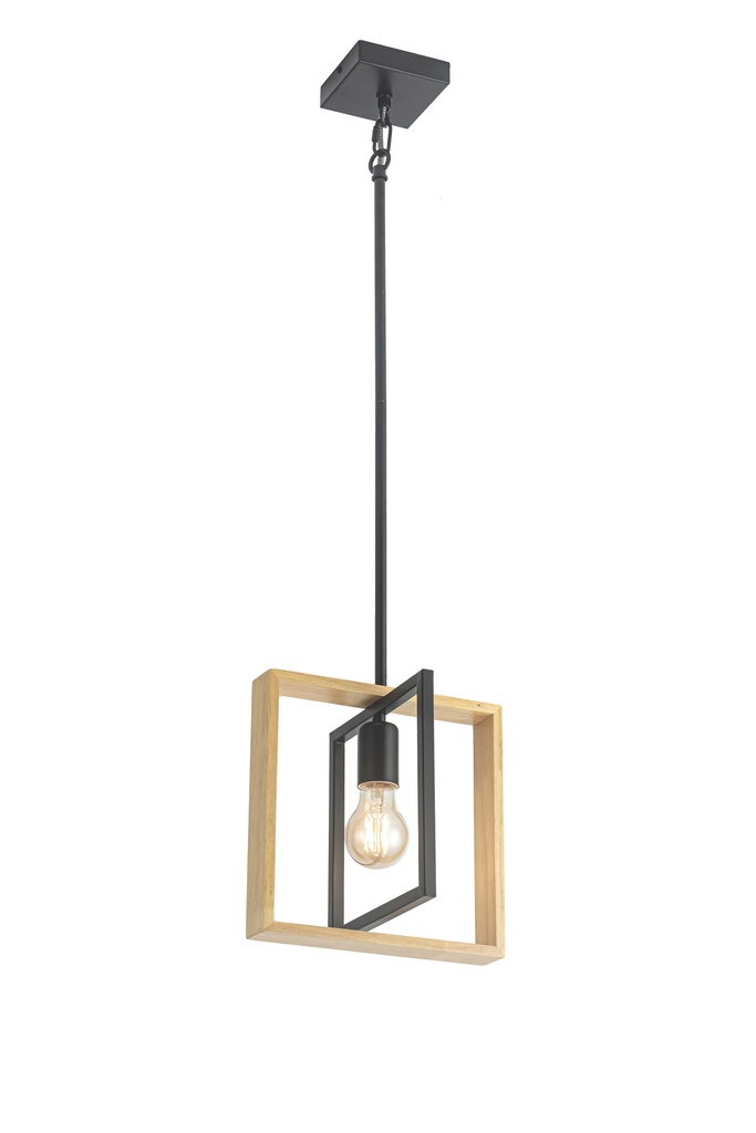 Lamp. Colg. 1L E27 Metal Negro+Madera Cuad. (240X240X255Mm)