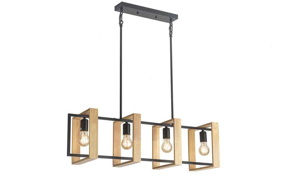 Lamp. Colg. 4L E27 T/Alargada Alum. Negro+Madera (L900xH240)mm