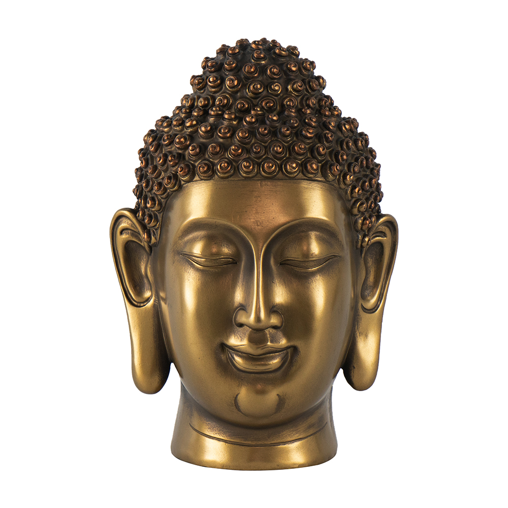 FIGURA DE RESINA DE CABEZA DE BUDA EN ORO VIEJO