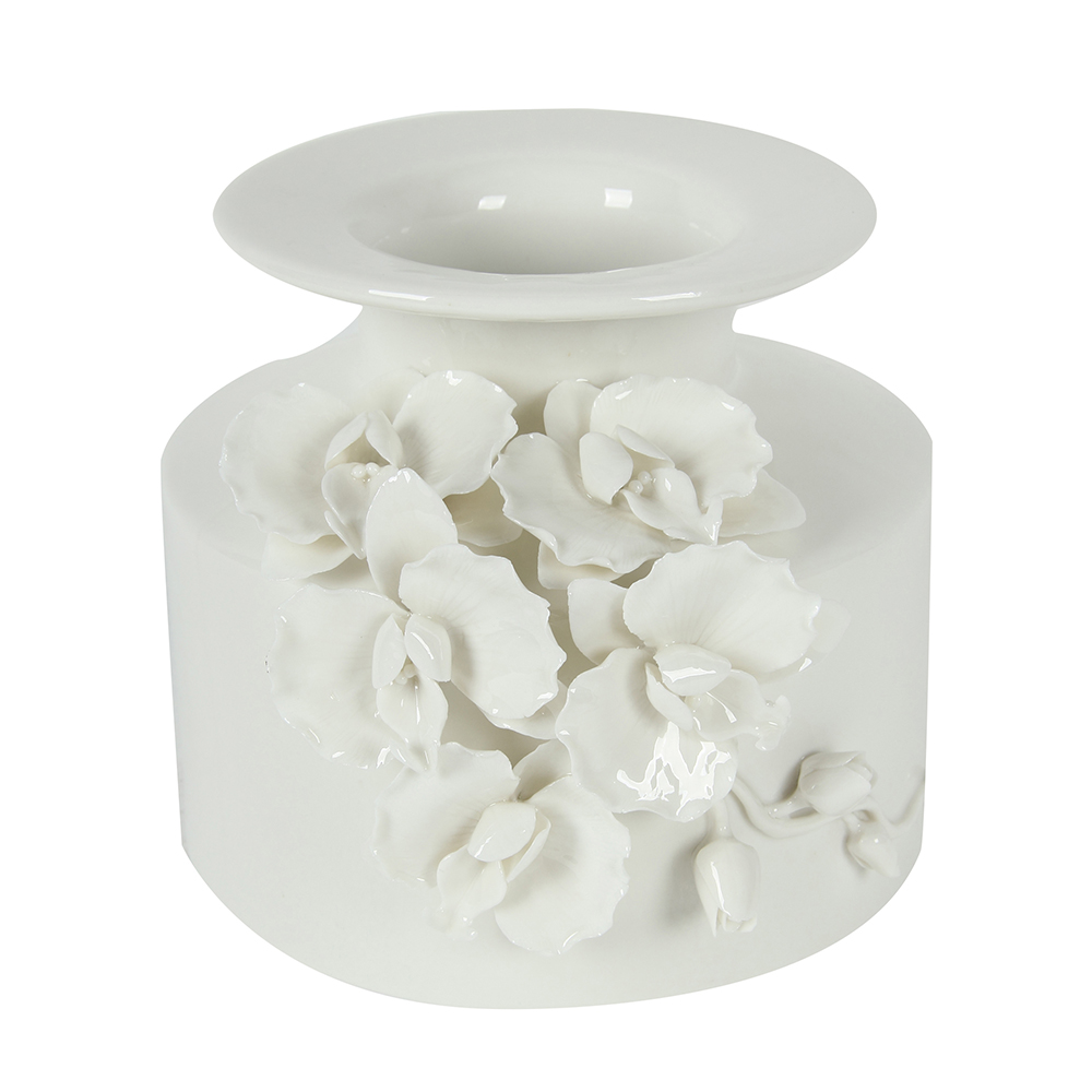 FLORERO DE CERAMICA BLANCO CON DETALLE DE FLORES PEQUEÑO