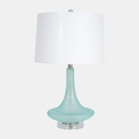 LAMP. MESA DE VIDRIO AQUA Y PANTALLA BLANCA