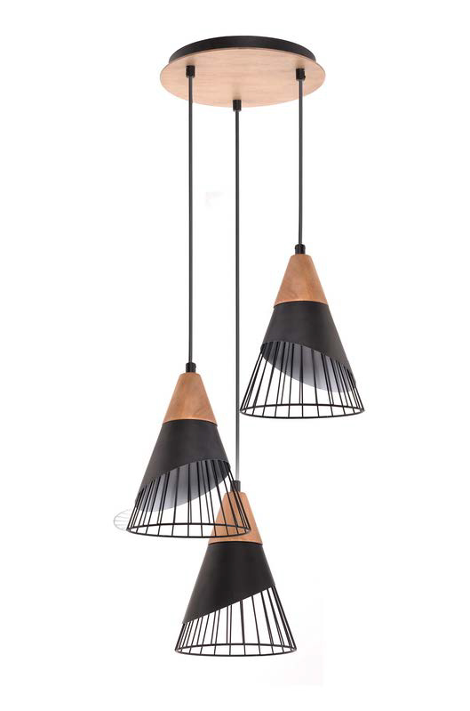 Lamp. Colg. 3L E27 Base Red. Madera /Negro (D380)Mm