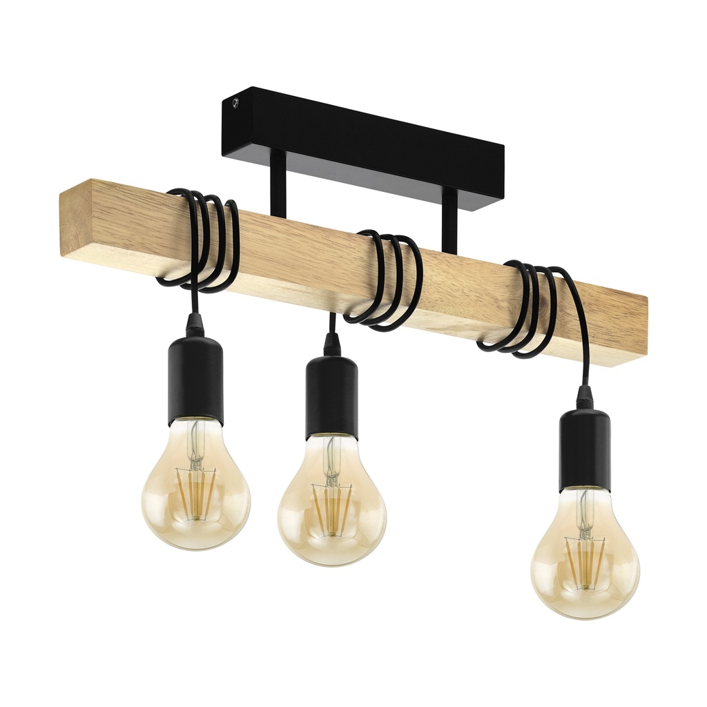Lamp. Colg. 3L E27 Metal Negro+Madera Natural (550x270)mm