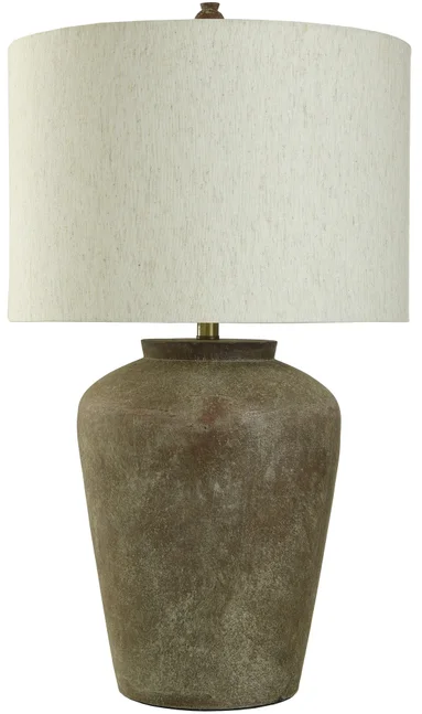 Lamp. Mesa Base De Cemento Terracota Y Pantalla Beige 
