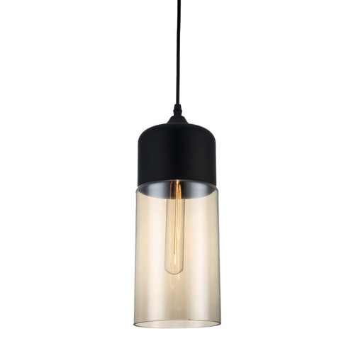 [180053 | 8065-1D] Lamp. Colg. 1L E27 Alargada Metal+Vidrio Negro+Cognac D130mm