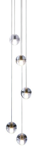 [180081 | 8008-5R] Lamp. Colg. 5L G9 Bolas Base Redonda Metal Cromo+Vidrio Claro (D300xH1500)mm