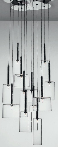 [180117 | 8015-12R] Lamp. Colg. 12L G4 Base Red. Alum.+Vidrios (Fume/Claro/Ambar) D550mm