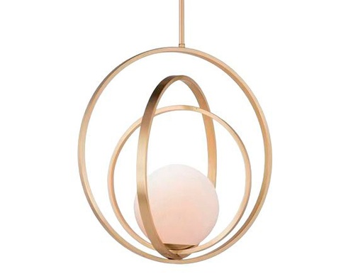 [181395 | MD8622 G9*1] Lamp. Colg. 1L G9 Esfera+Anillos Dorado Metal+Opal Glass 18+32+38Cm