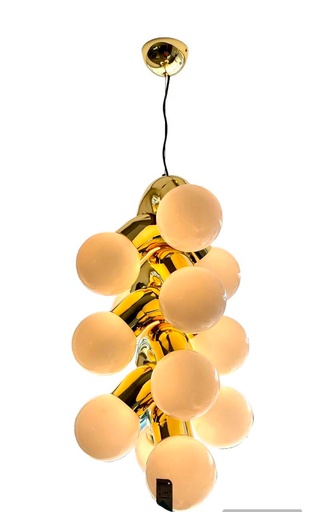 [181409 | #9153P/14 Pend. lamp] Lamp. Colg. 14Lg9 Esferas B.Redonda . Brass Metal+Blanco Glass