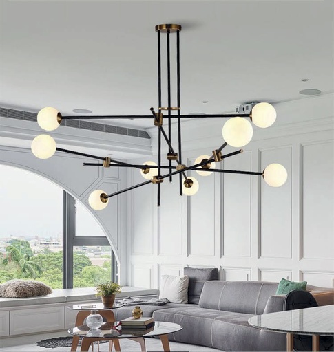 [181727 | YB-148-9L] Lamp. Colg 9L G9 Bolas Negro+Dorado Vidrio 100X80Cm