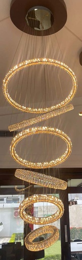 [182262 | 7083-276D GD] Lamp. Colg. Led 6L Anillos Alum. Dorado+Cristal 3K (300+400+500+600+700+800)mm