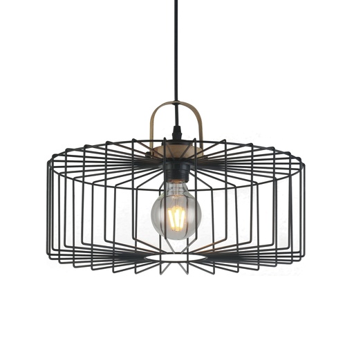 [200008 | KZYDLT90705XL] Lamp. Colg. 1L E27 T/Jaula Metal Negro+Madera (400X250Mm)
