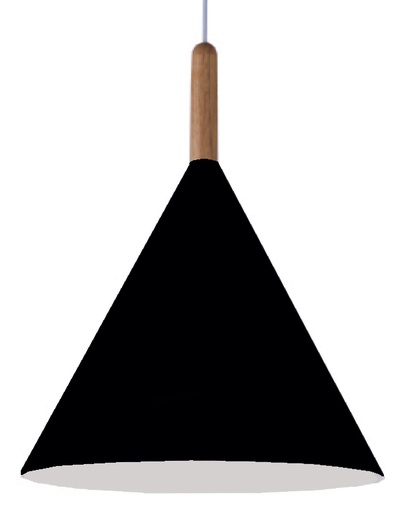 [200171 | T7901S NEGRO] Lamp. Colg. 1L E27 T/Cono Alum.+Madera Negro+Blanco (D180xH270)mm