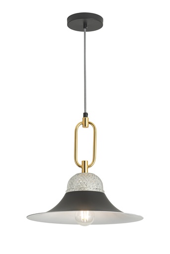 [200262 | T7787 C] Lamp. Colg. 1L E27 Metal Negro+Vidrio+Aro Dorado (D350X220Mm)
