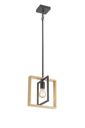 [200264 | T1036A] Lamp. Colg. 1L E27 Metal Negro+Madera Cuad. (240X240X255Mm)