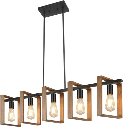 [200265 | T1036B-4] Lamp. Colg. 5L E27 T/Alargada Alum. Negro+Madera (L920xH260)mm