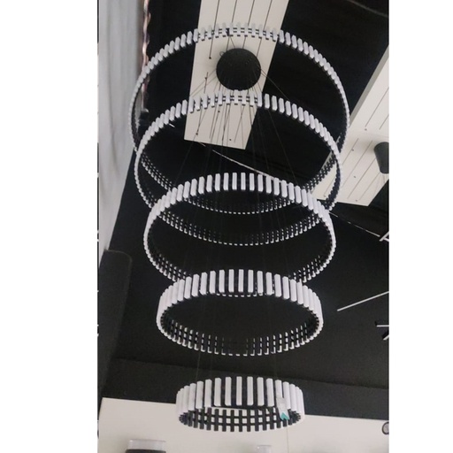 [183296 | KA0006-D12+10+8+6+4] Lamp. Colg. 5L Aros+barras Led Alum.+Acril. Negro 240w 3K (D1200+D1000+D800+D600+D400)mm