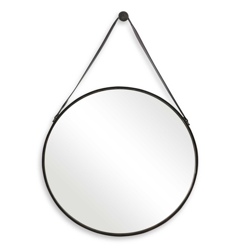 [151256 | W00476] ESPEJO DE METAL REDONDO NEGRO CON ASA DE CUERO 76cm