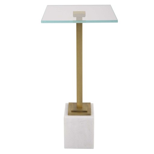 [151265 | W23020] MESA ESQUINERA DE METAL DORADA BASE BLANCA Y TOP DE VIDRIO