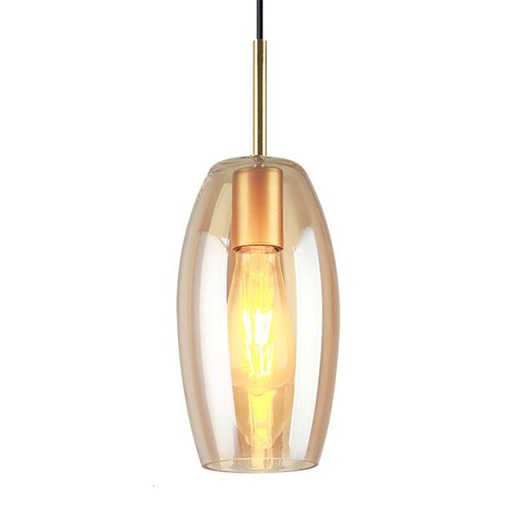 [200035 | F240119B SGD+AMB] Lamp. Colg. 1L E27 T/Copa Metal+Vidrio Dorado+Ambar (D140xH)mm