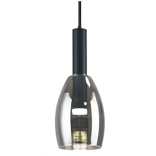 [200043 | F240118A MBK+AH] Lamp. Colg. 1L E27 T/Copa Metal+Vidrio+Acrilico Negro+Fume (D150xH360)mm