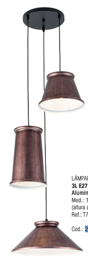 [200297 | T7167-3 RUSTICO] Lamp. Colg. 3L E27 T/Camp. Base Red. Alum. Rustico+Blanco (D190xH350+D260xH300+D360xH180)mm